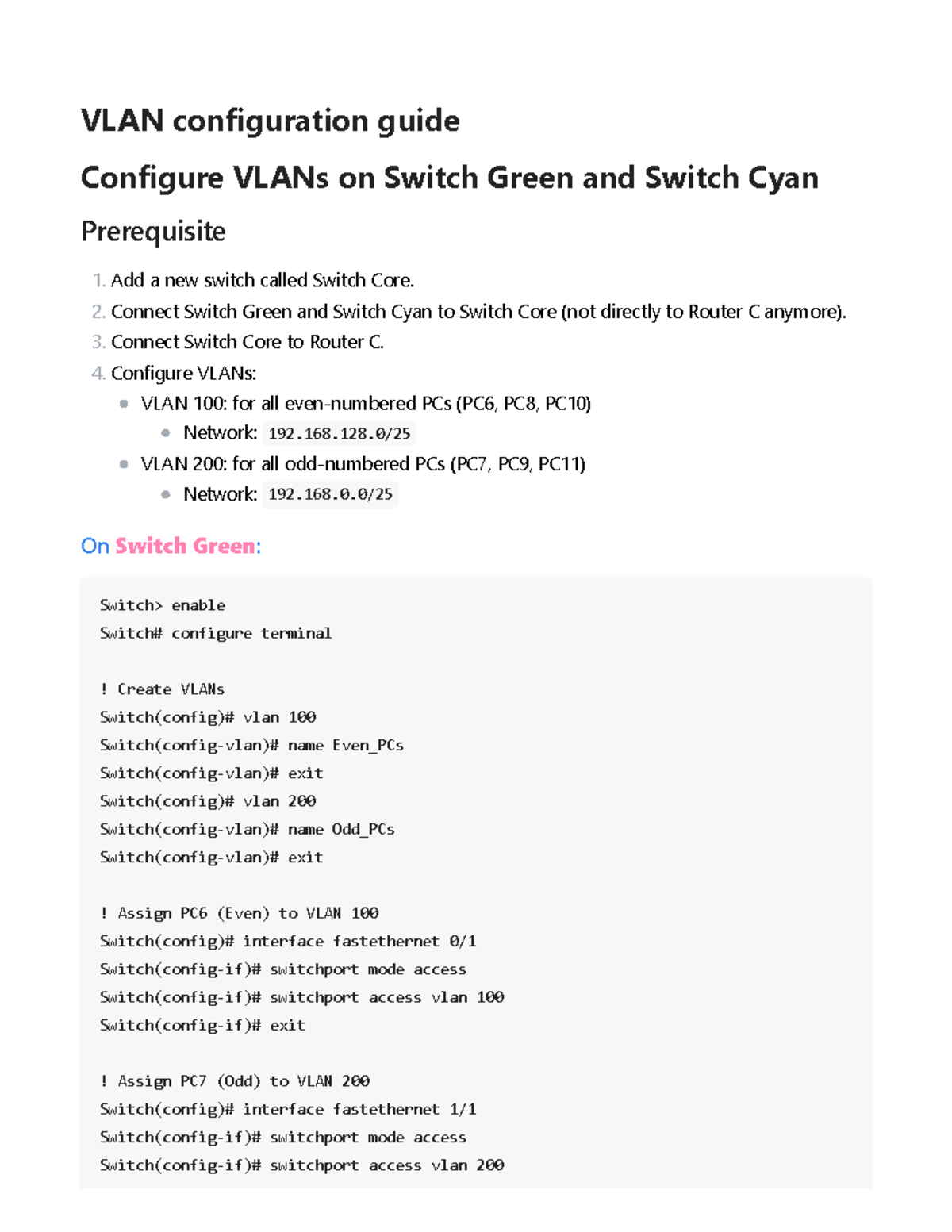 VLAN Configuration Guide for Switch Green, Cyan & Core Setup - Studocu