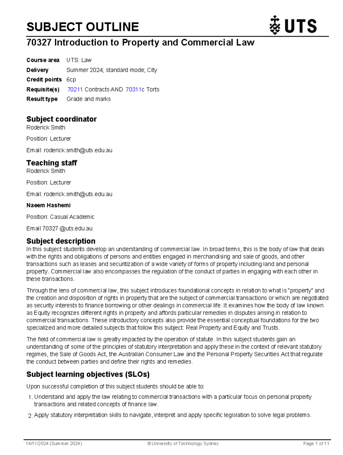 Intro to Property and Commercial law - summer subject outline 2024 ...