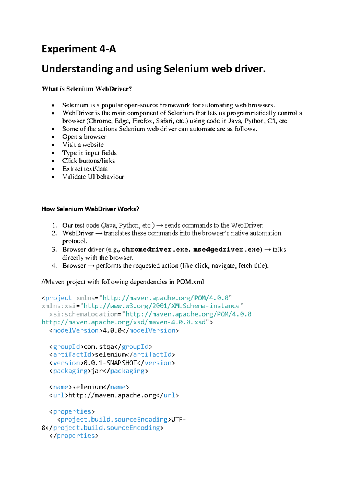 Experiment 4-A: Understanding Selenium WebDriver in Automation - Studocu