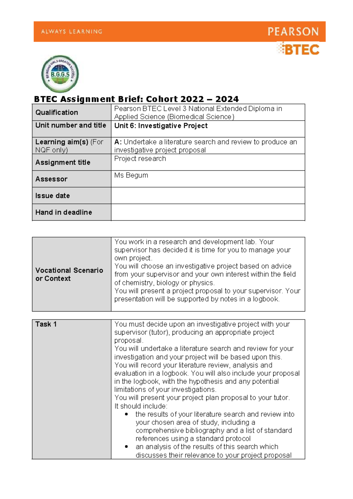 Unit 6 Assignment A: Investigative Project Proposal Guide (BTEC) - Studocu