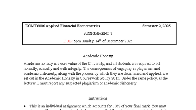 ECMT6006 Applied Financial Econometrics Assignment 1 Guidelines - Studocu