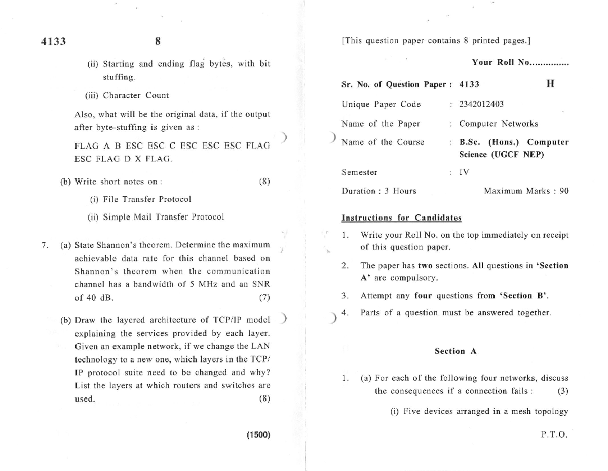 CN 4133 Previous Year Question Paper - Computer Networks - Studocu
