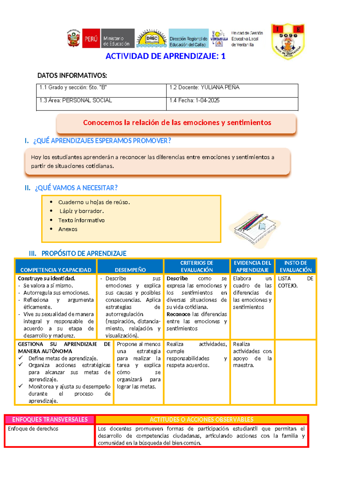Sesión PS: Reconocimiento de Emociones y Sentimientos en 5to Grado ...