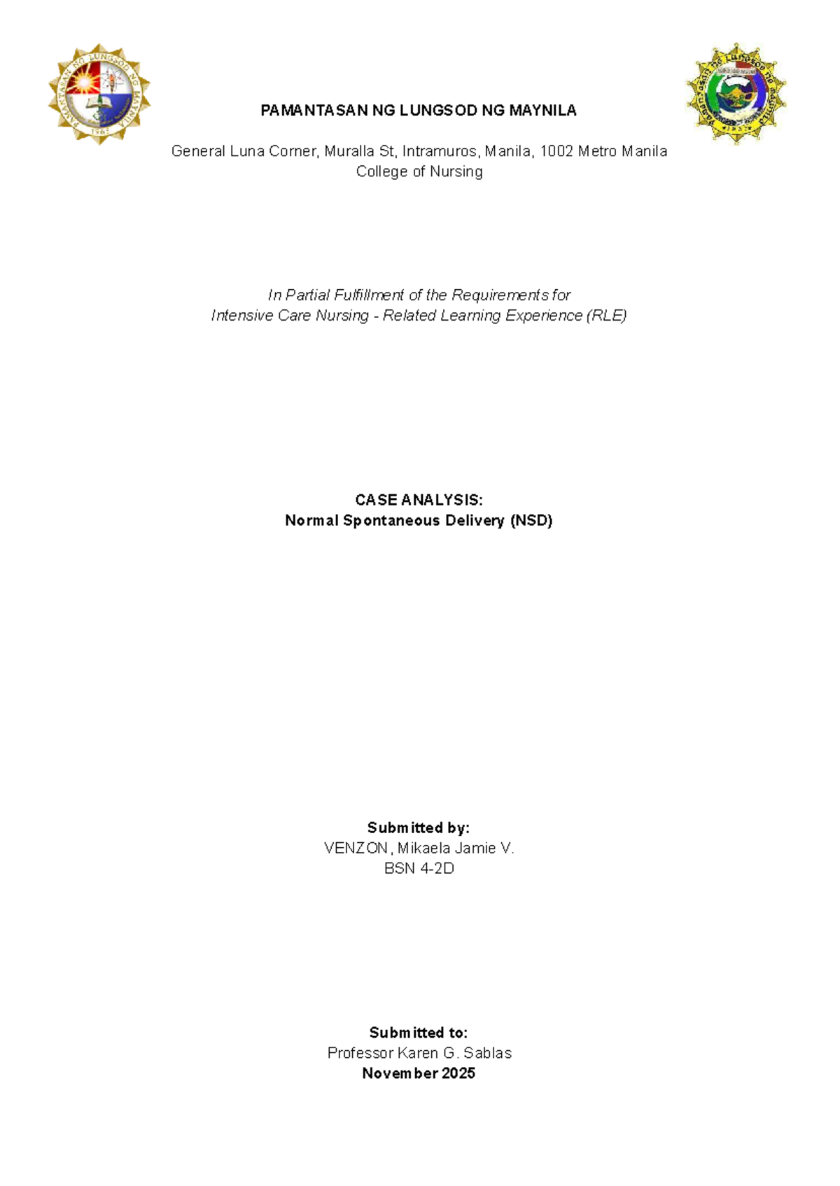 Case Study: Normal Spontaneous Delivery (NSD) - Patient RG (ICN RLE ...