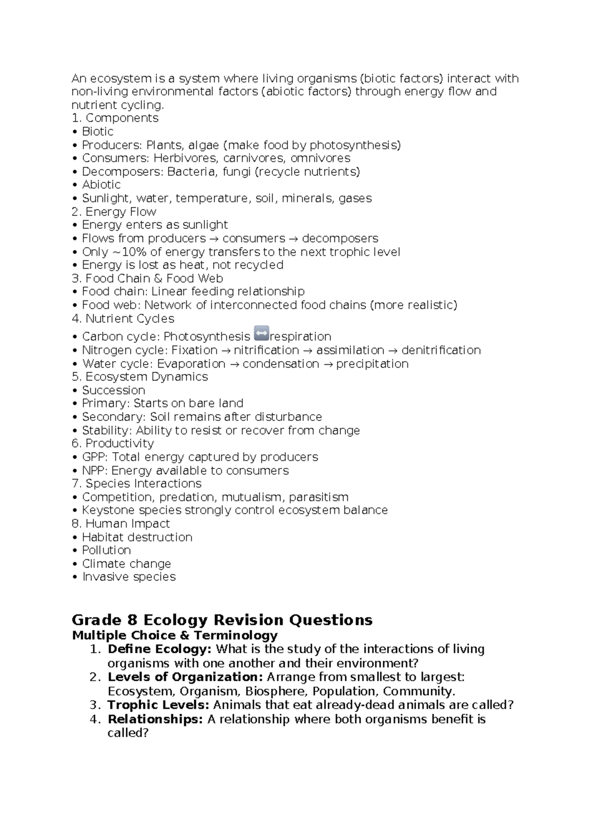 Ecosystems - Grade 8 Natural Science Class Notes - Studocu