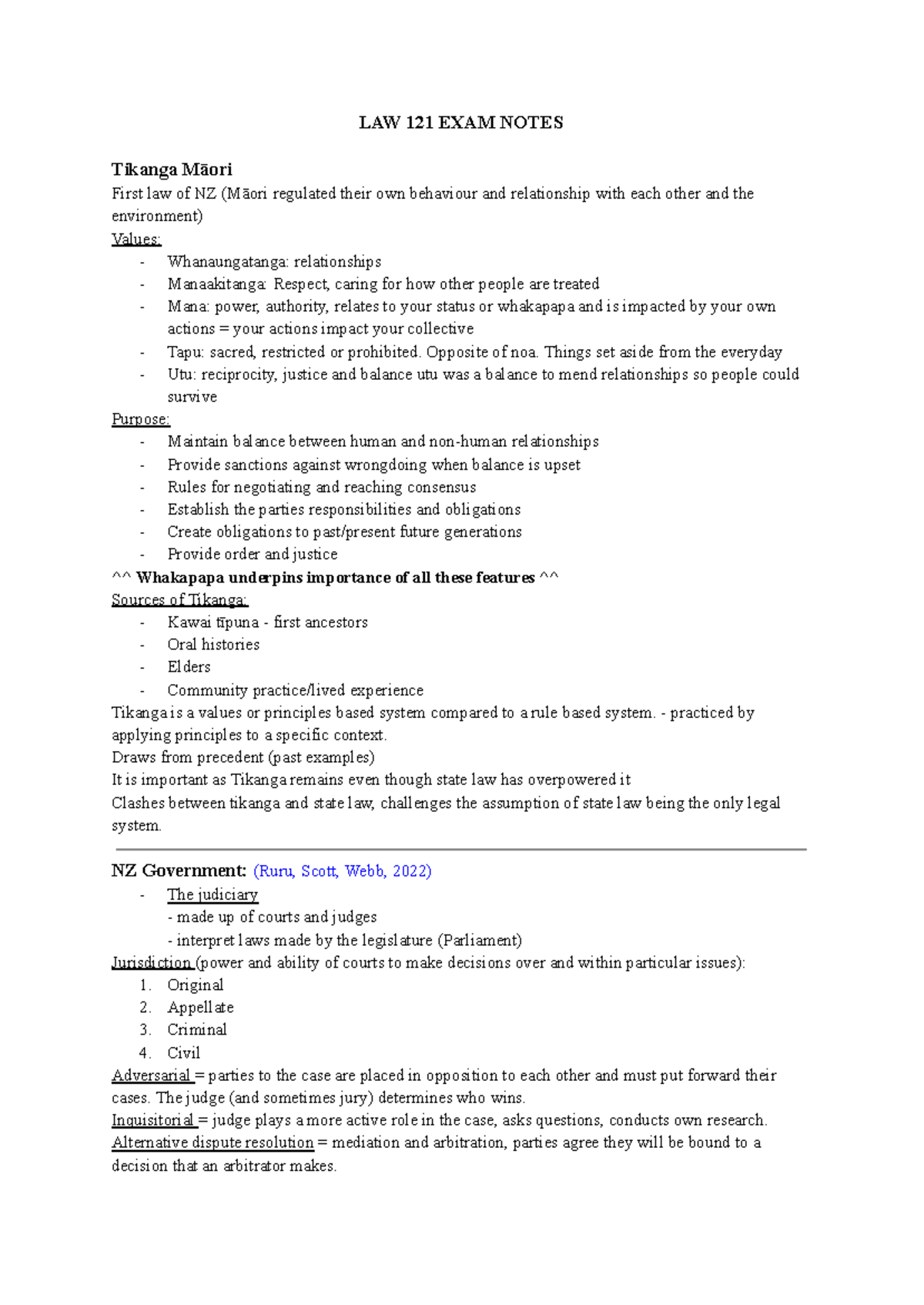 LAW 121 EXAM NOTES: Tikanga Māori and the NZ Legal System - Studocu