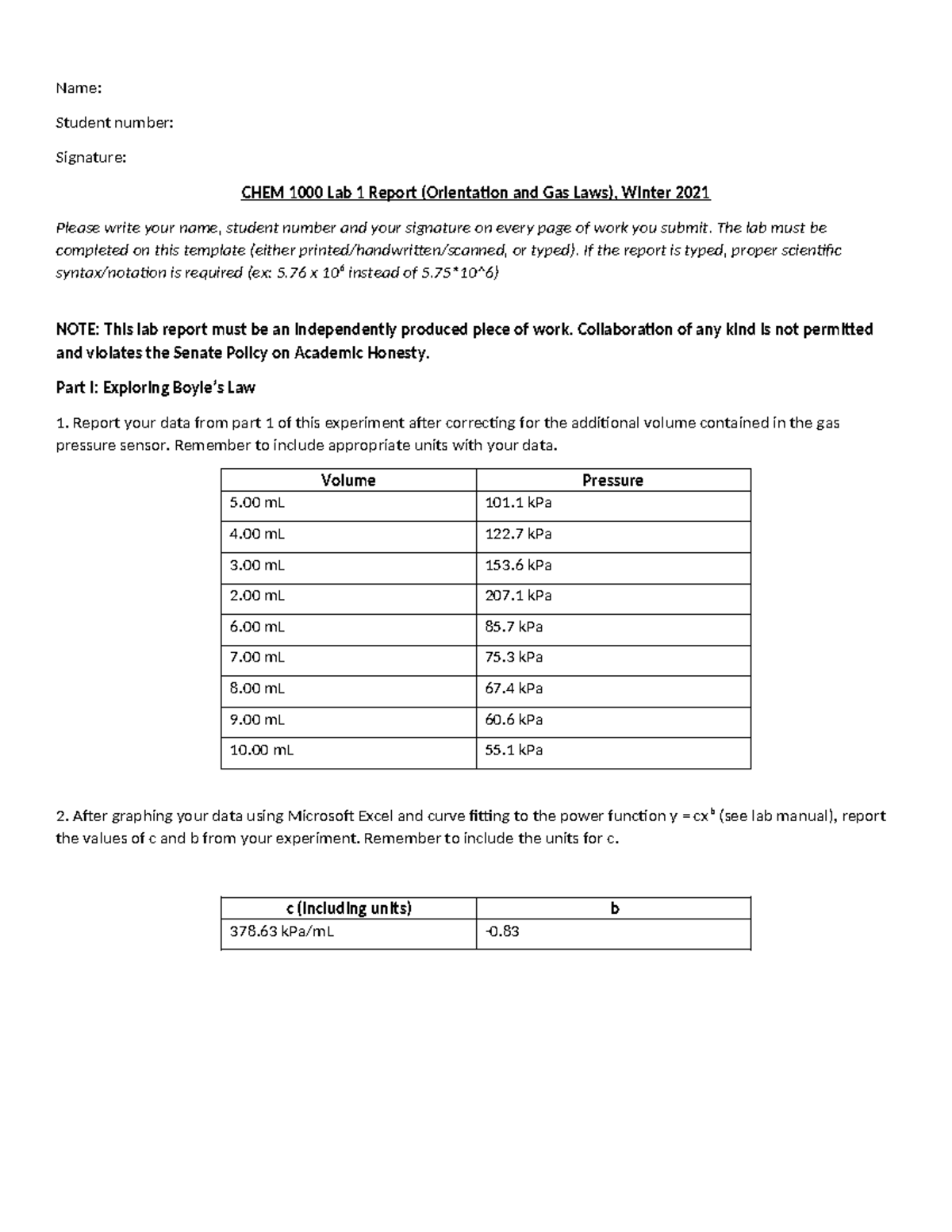 CHEM1000 Lab 1 Report - Name: Student number: Signature: CHEM 1000 Lab ...