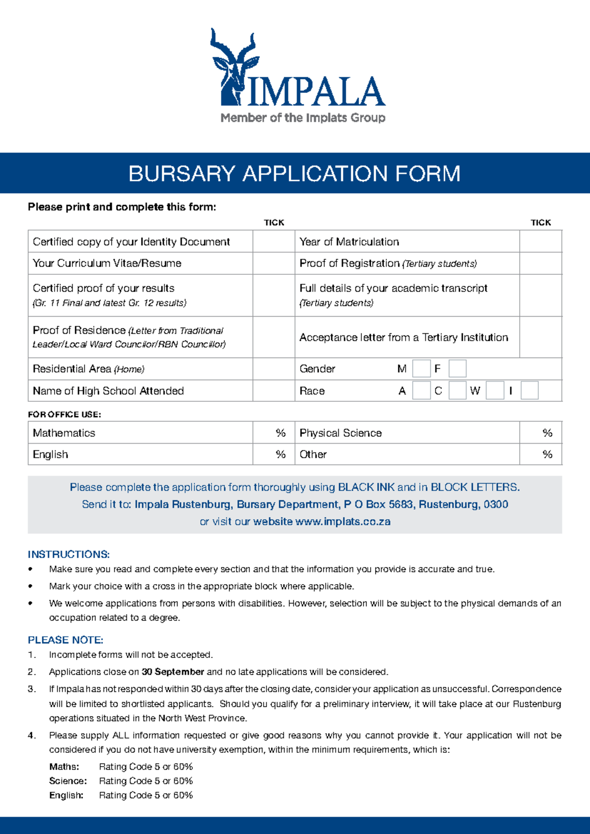 Impala Bursary Application Form 2025 - BURSARY APPLICATION FORM ...