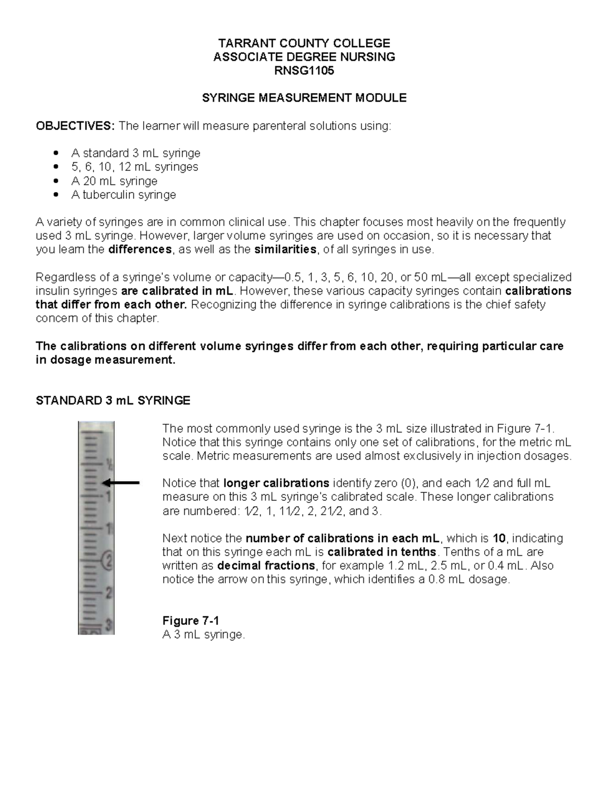 Syringe Measurement Module Objectives for RNSG1105: Practice Material ...