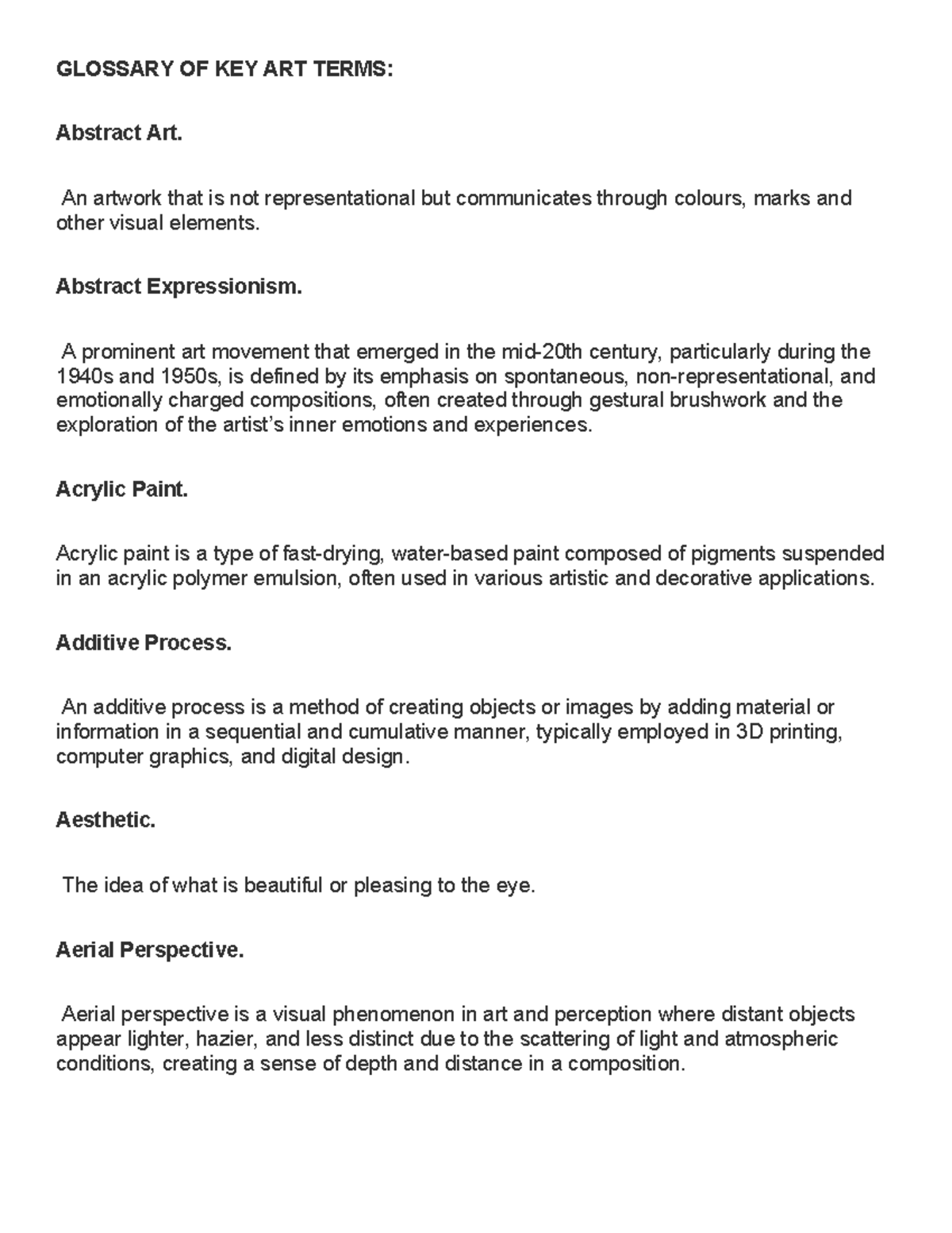 GLOSSARY OF KEY ART TERMS: Essential Concepts and Definitions - Studocu