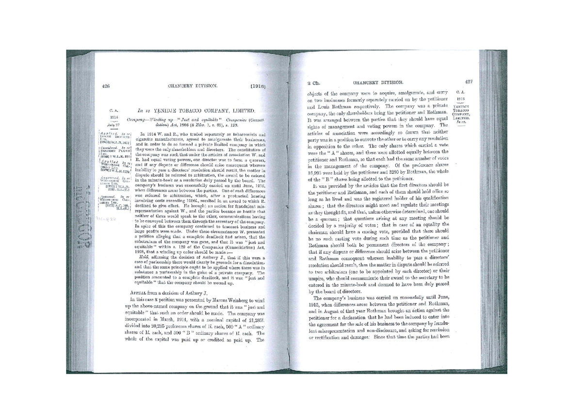 C. A. 1916: Just and Equitable Winding Up of Yenidje Tobacco Co