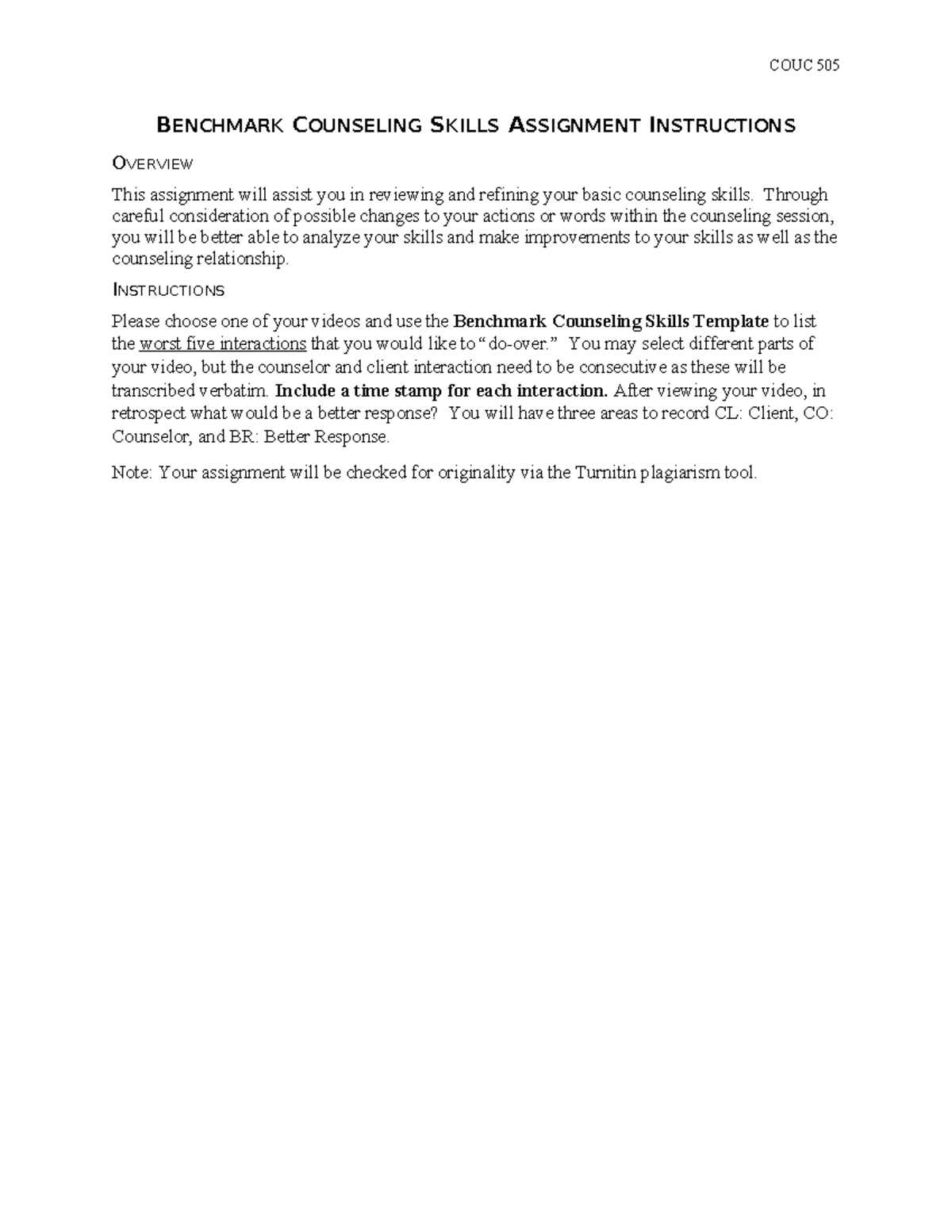 COUC 505: Benchmark Counseling Skills Assignment Guidelines - Studocu