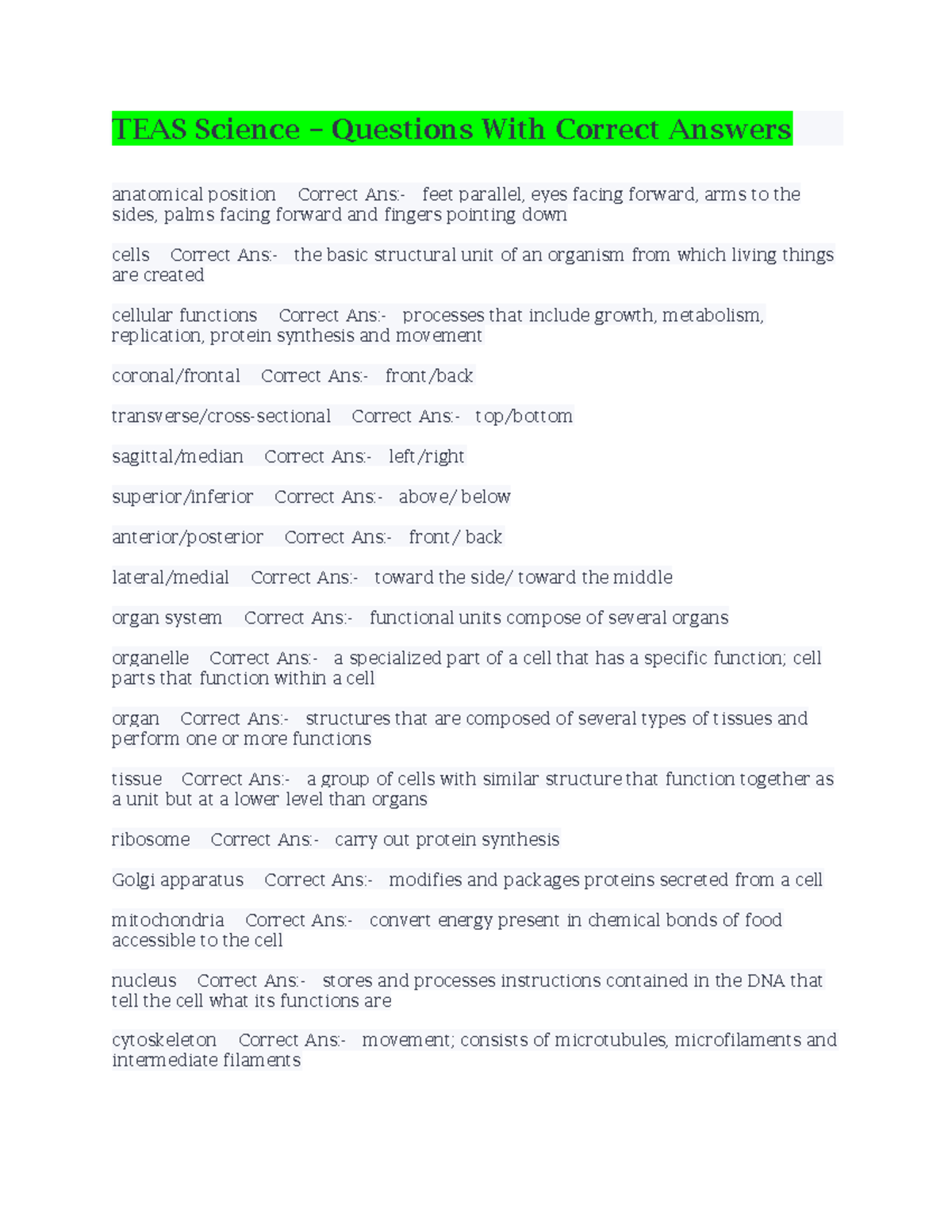 Teas science - course work - TEAS Science – Questions With Correct ...