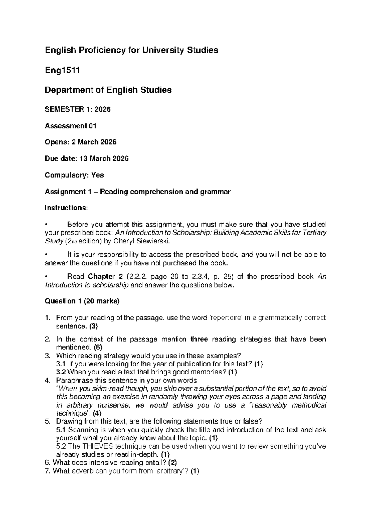 ENG1511 Assessment 1: Reading Comprehension & Grammar Assignment - Studocu