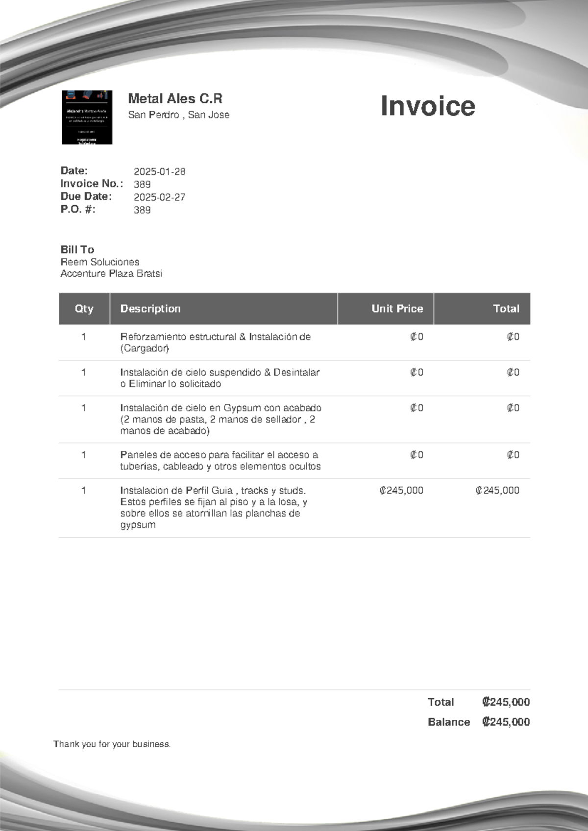 Metal Ales C.R Invoice 389 - Metal Ales C San Perdro , San Jose Invoice ...
