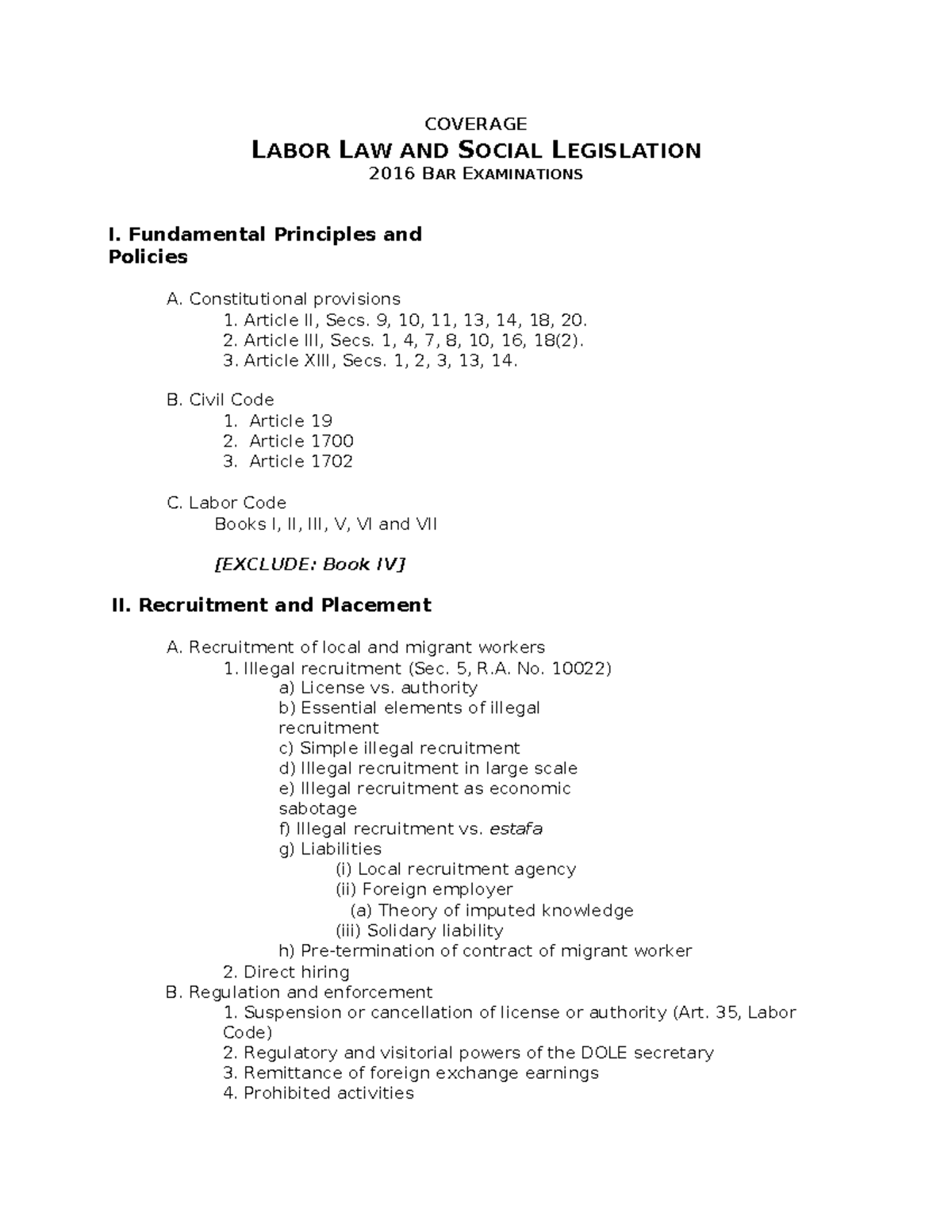 2016 Bar Exam Coverage: Labor Law and Social Legislation - Studocu