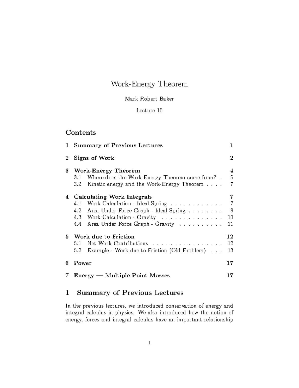 Work Energy Theorem - Lecture 15 by Mark Robert Baker - Studocu