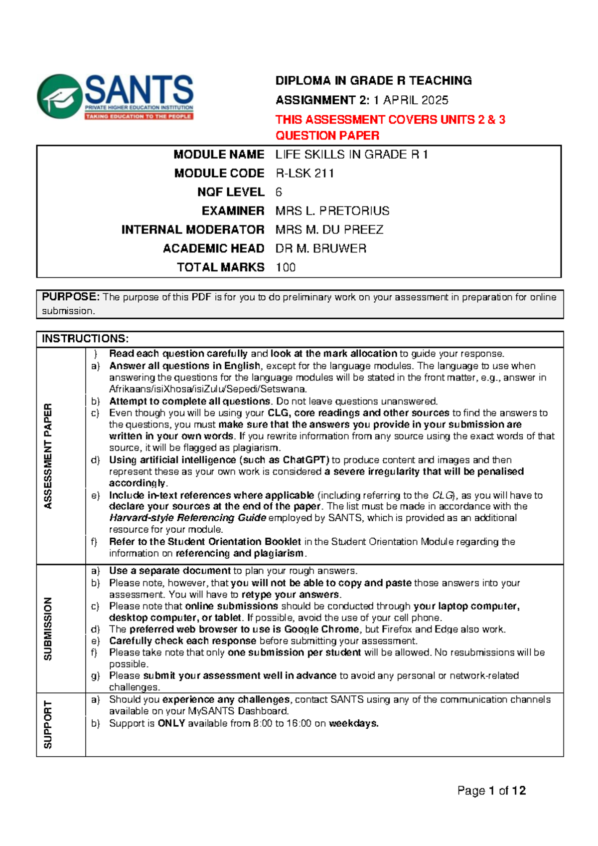Life Skills Assessment & Lesson Planning for Grade R (R-LSK 211) - Studocu
