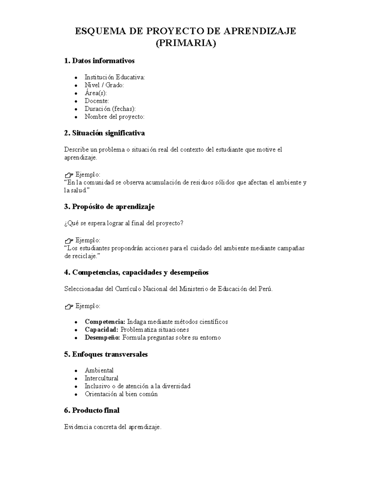 ESQUEMA DE PROYECTO DE APRENDIZAJE (PRIMARIA) - Guía Completa - Studocu