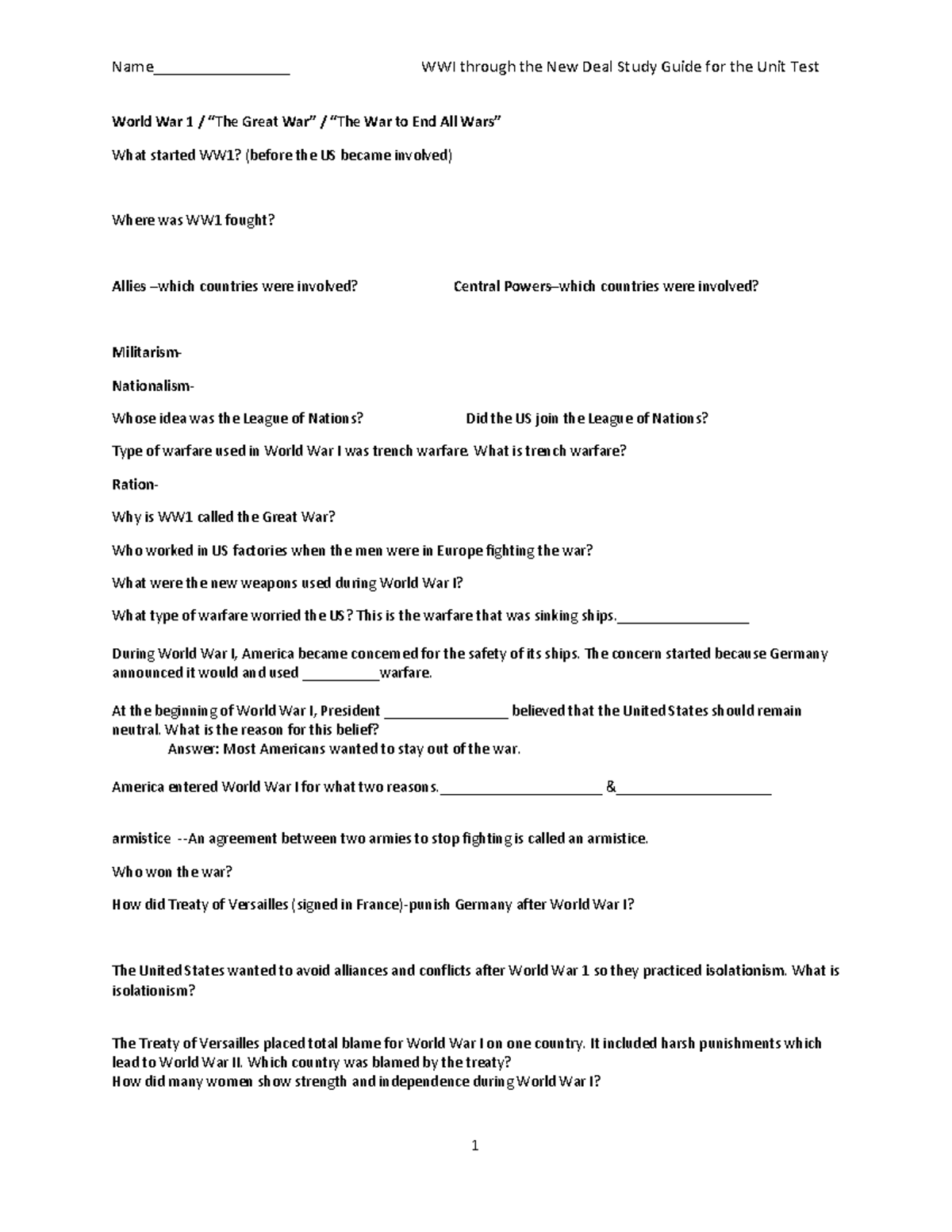 WWI through the New Deal Study Guide PDF - What is trench warfare ...