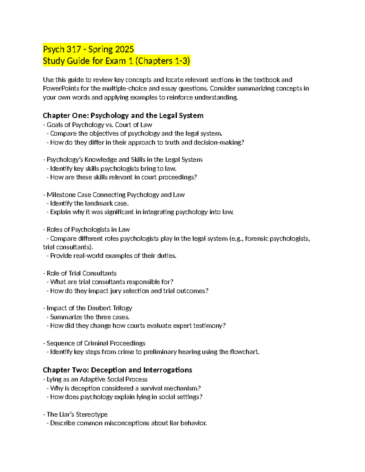 Psych 317 - Spring 2025 Study Guide for Exam 1 (Chapters 1-3) - Psych ...