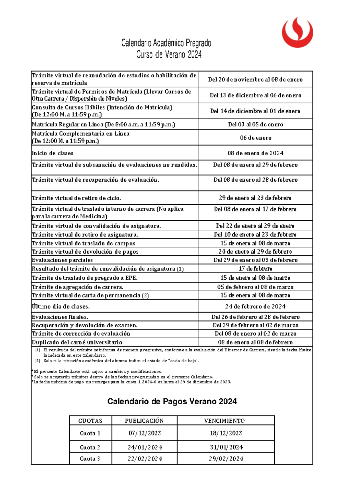 Calendario Académico Pregrado UPC 2024-0: Verano y Matriculación - Studocu