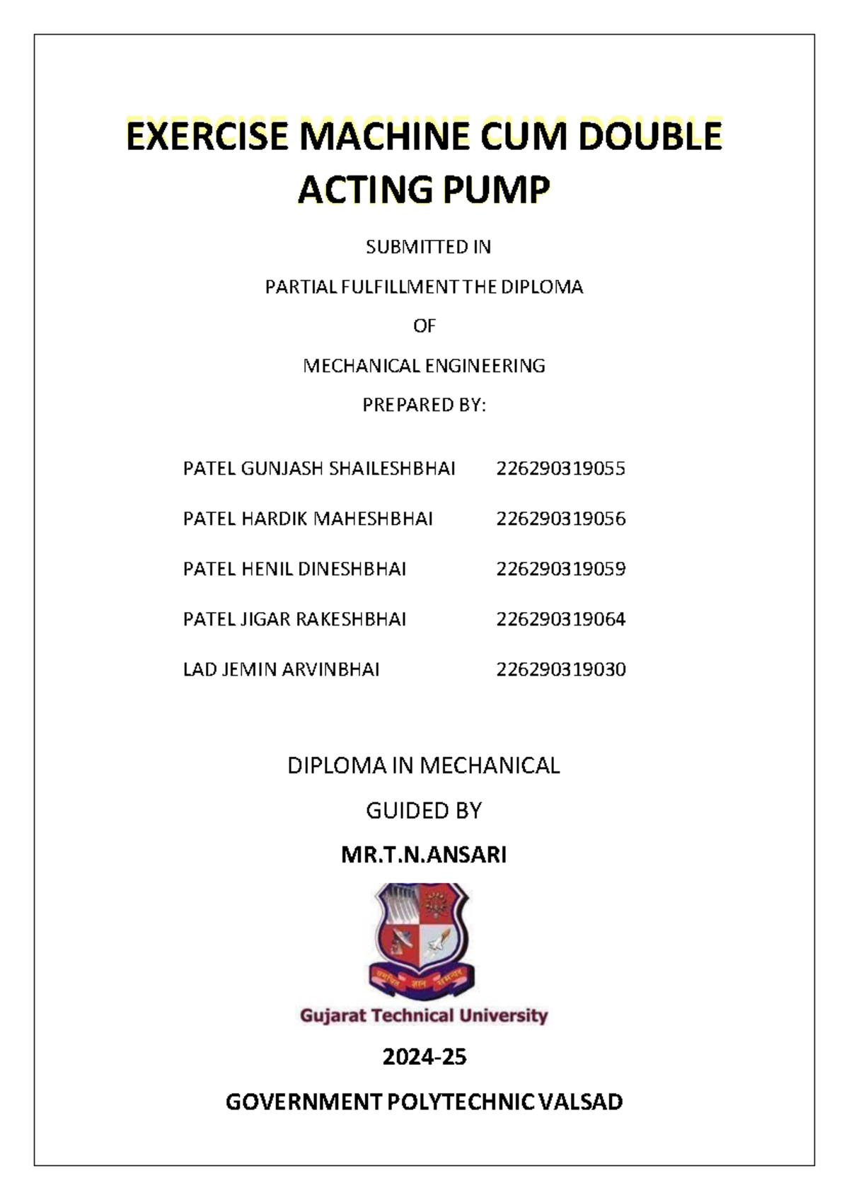 Exercise Machine Cum Double Acting Pump Project Report (ME 4361904 ...