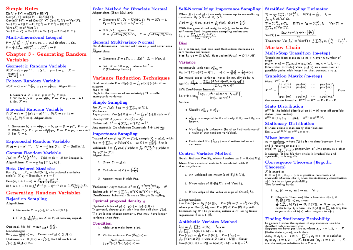 Cheat Sheet ST4231: Key Concepts in Random Variables and Markov Chains ...