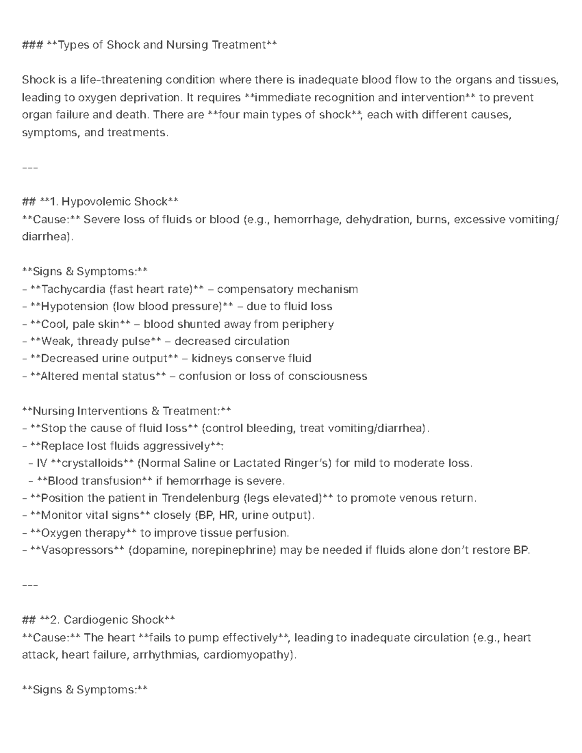 Types of Shock and Nursing Interventions: A Comprehensive Guide - Studocu
