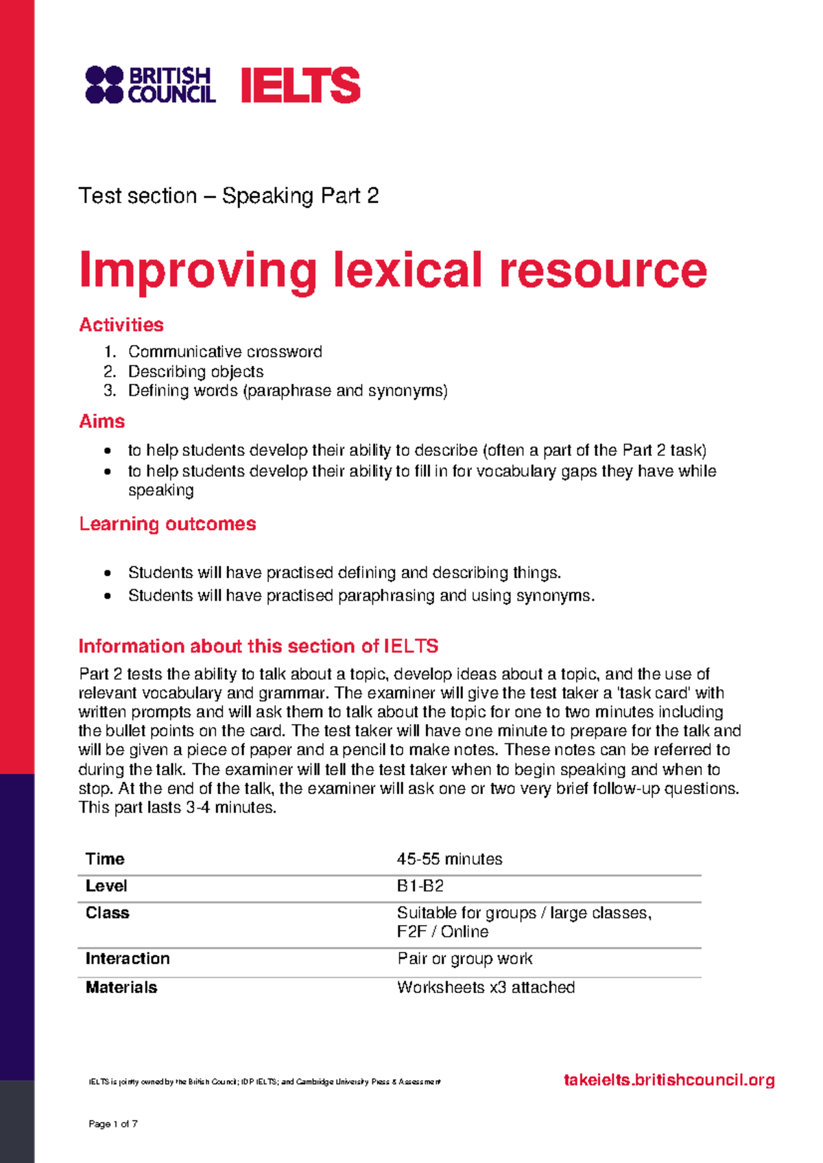 IELTS Speaking Part 2: Enhancing Lexical Resource Activities - Studocu