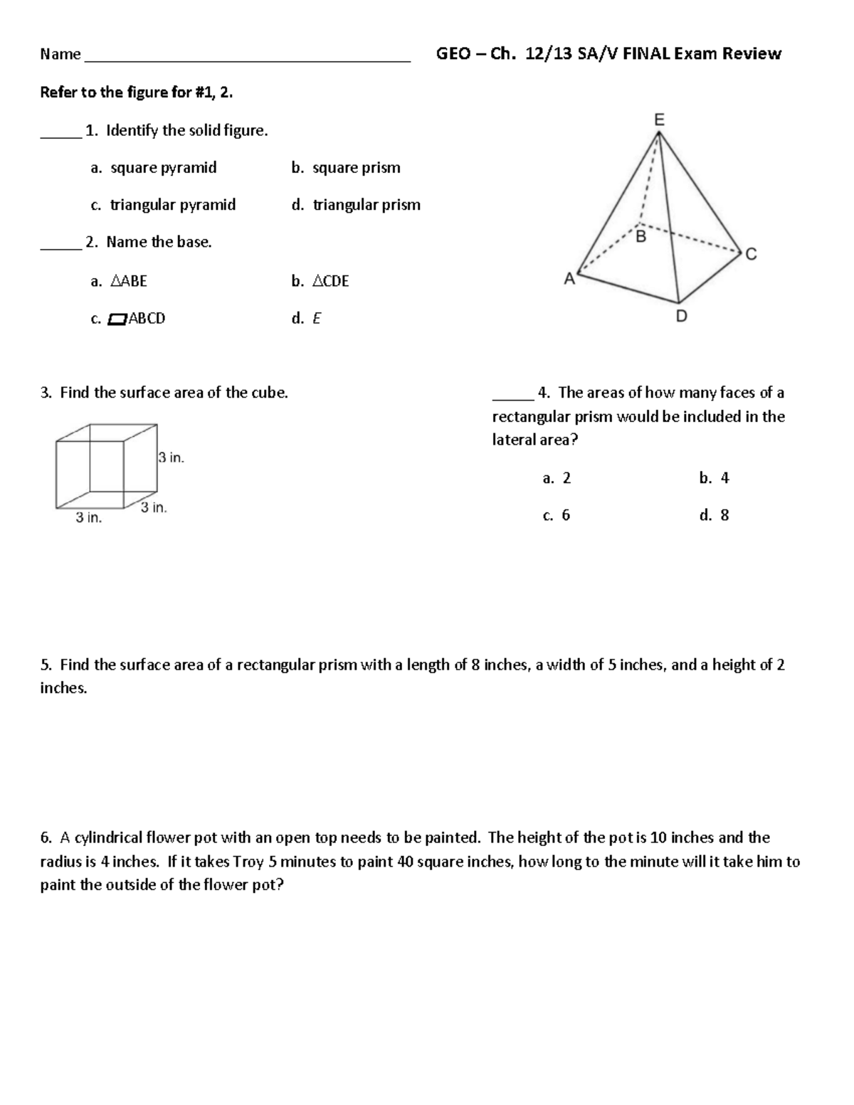 GEO 12/13 SA/V FINAL Exam Review: Surface Area & Volume Problems - Studocu