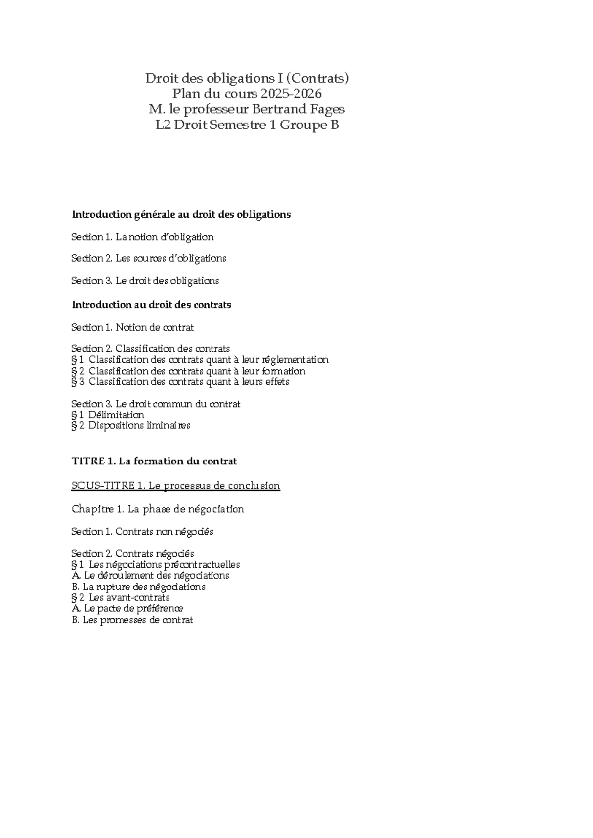 Plan de Cours Droit des Obligations I (Contrats) - L2 Droit S1 - Studocu