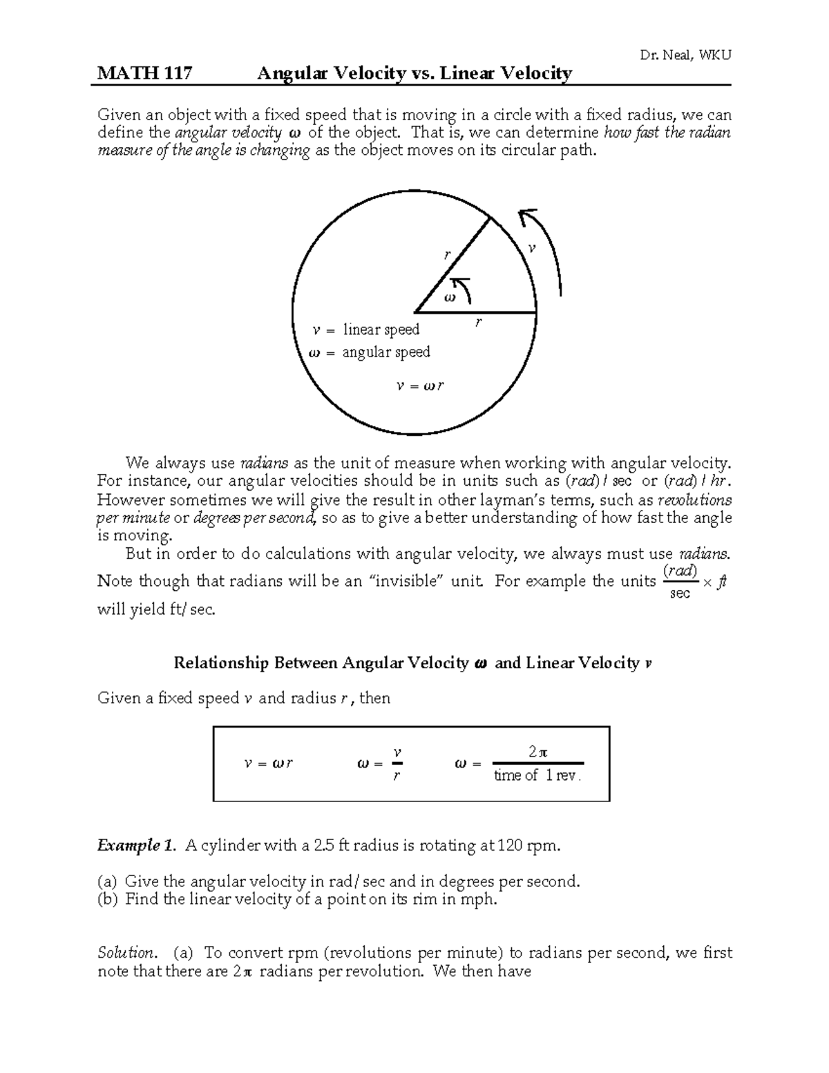 6.1 Angular Velocity Lesson Nov 13, 2015 - MATH 117 Angular Velocity vs ...