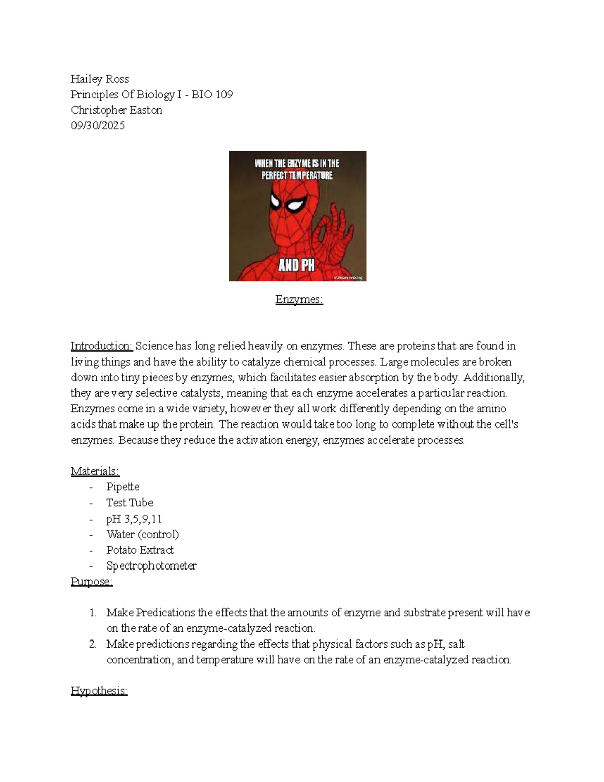 Lab Report #5: Enzyme Activity in BIO 109 Principles of Biology I - Studocu