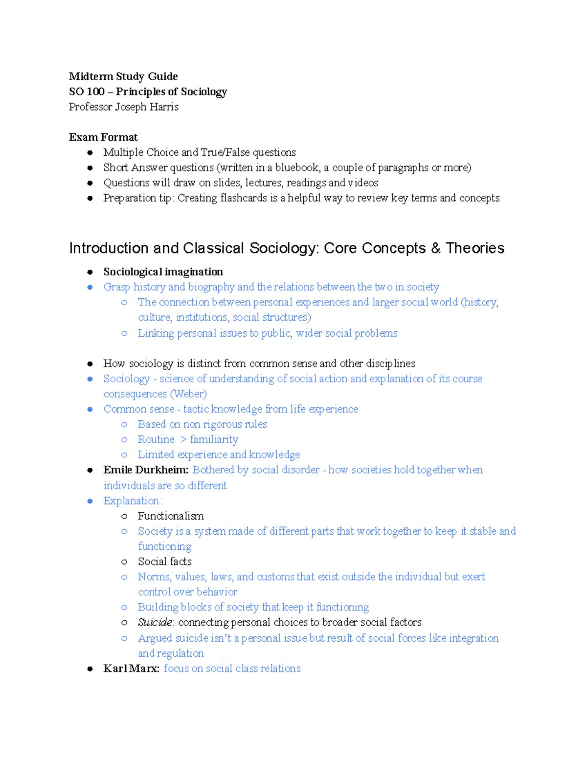 Midterm Study Guide SO 100: Key Concepts in Sociology and Exam Prep ...