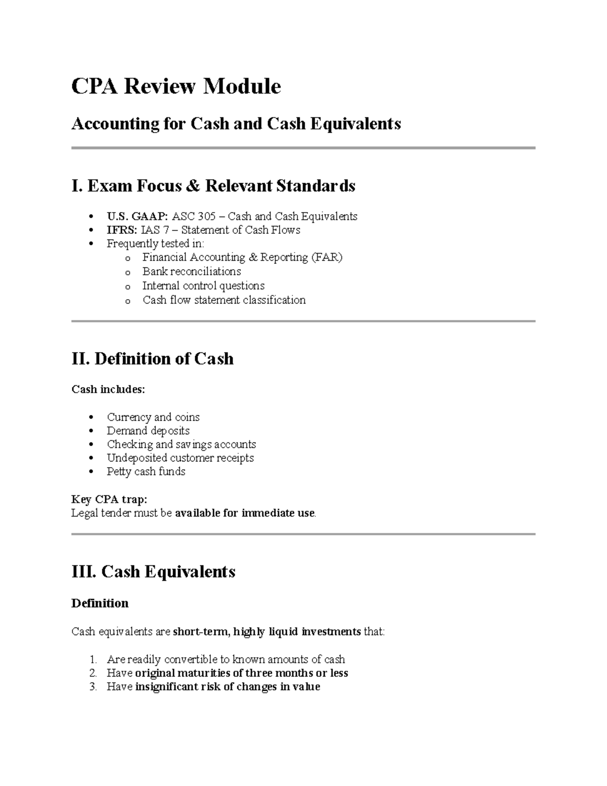CPA Review Module - Cash and Cash Equivalents Exam Focus - Studocu