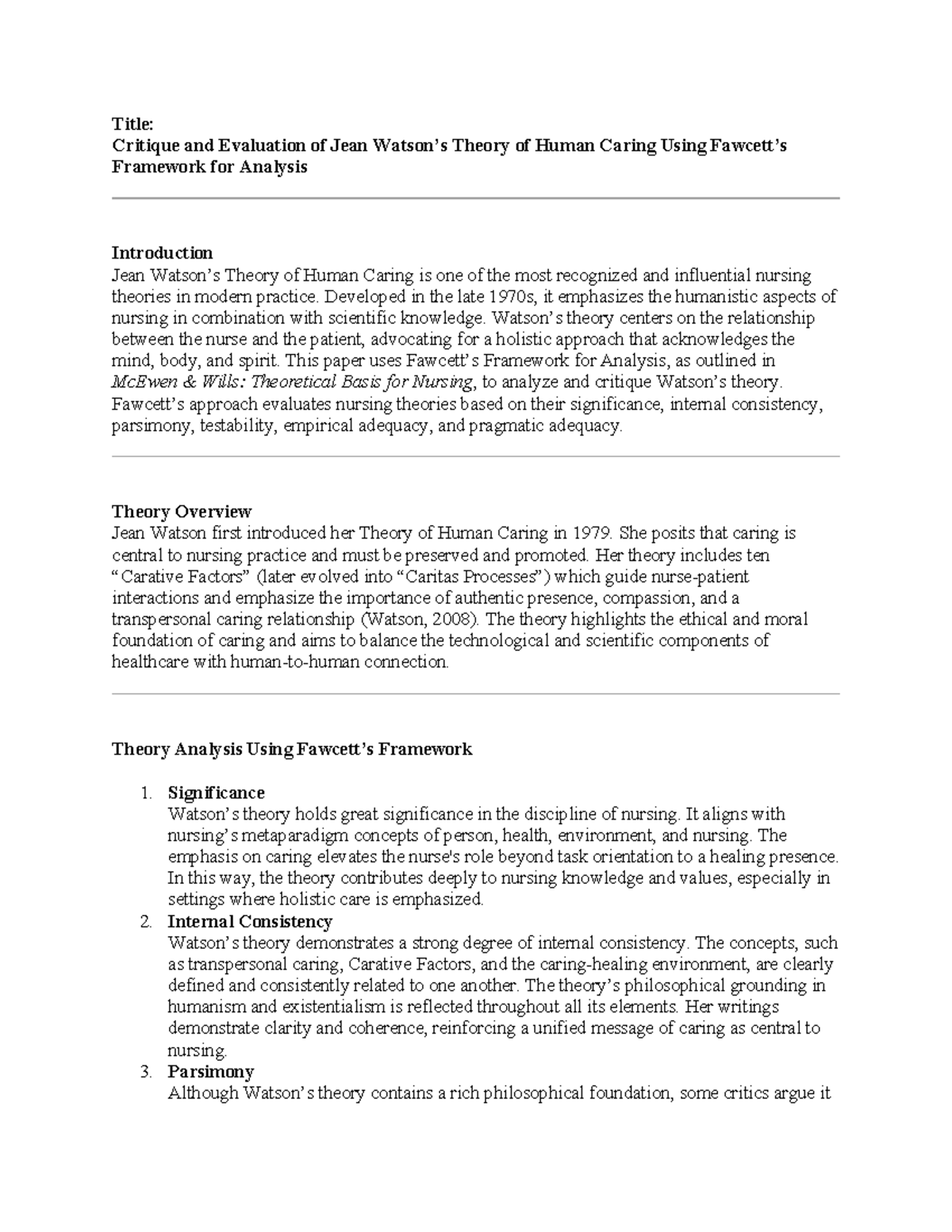 Theory exemplar example: Critique of Jean Watson's theory of human ...