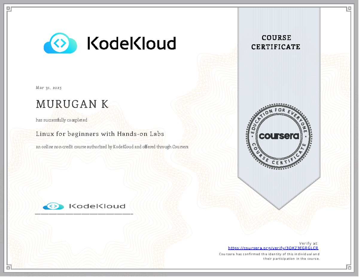 Linux for beginner - BE Computer Science - M a r 3 1 , 2 02 5 MURUGAN K ...