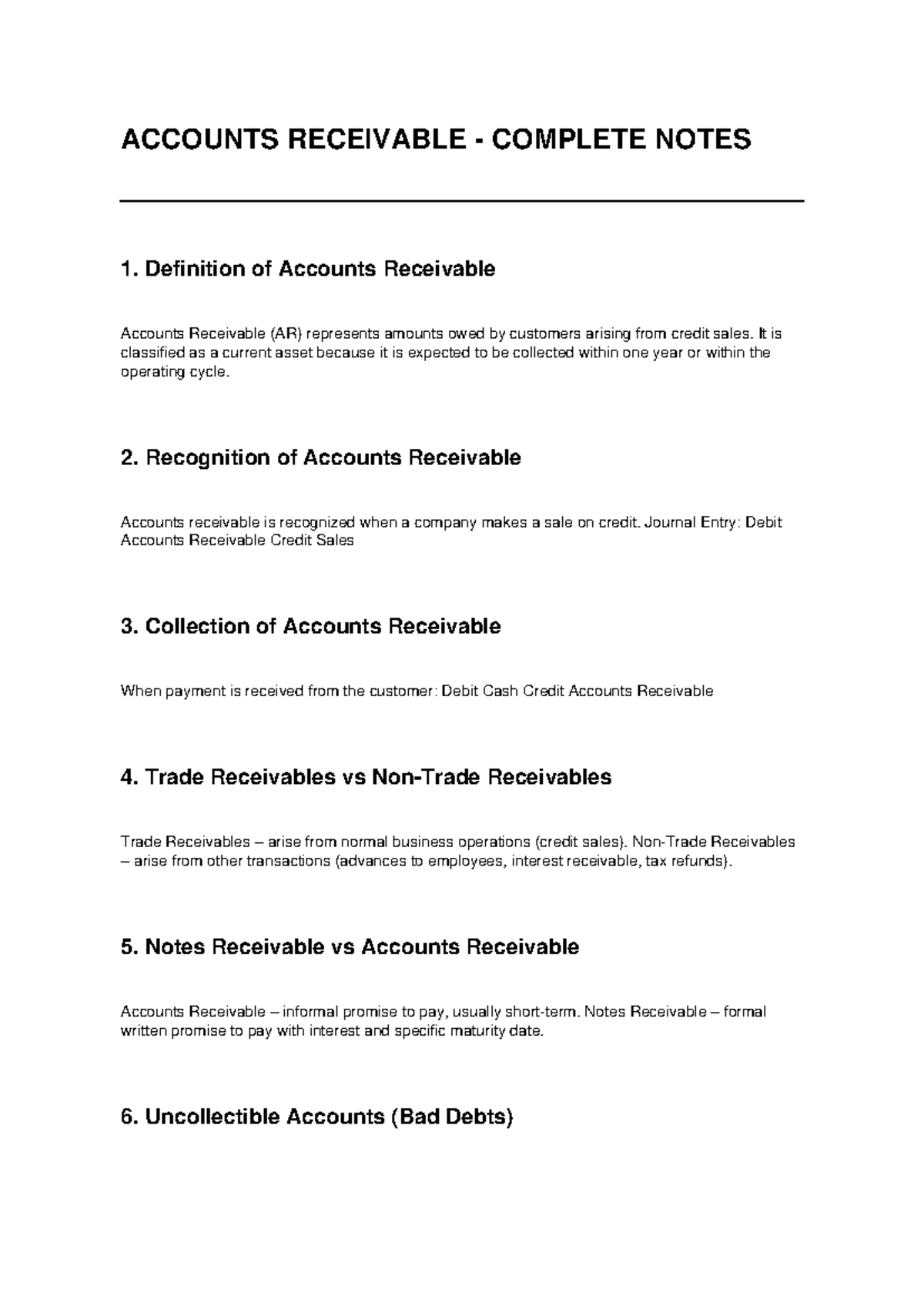 ACC 101: Comprehensive Accounts Receivable Notes and Concepts - Studocu