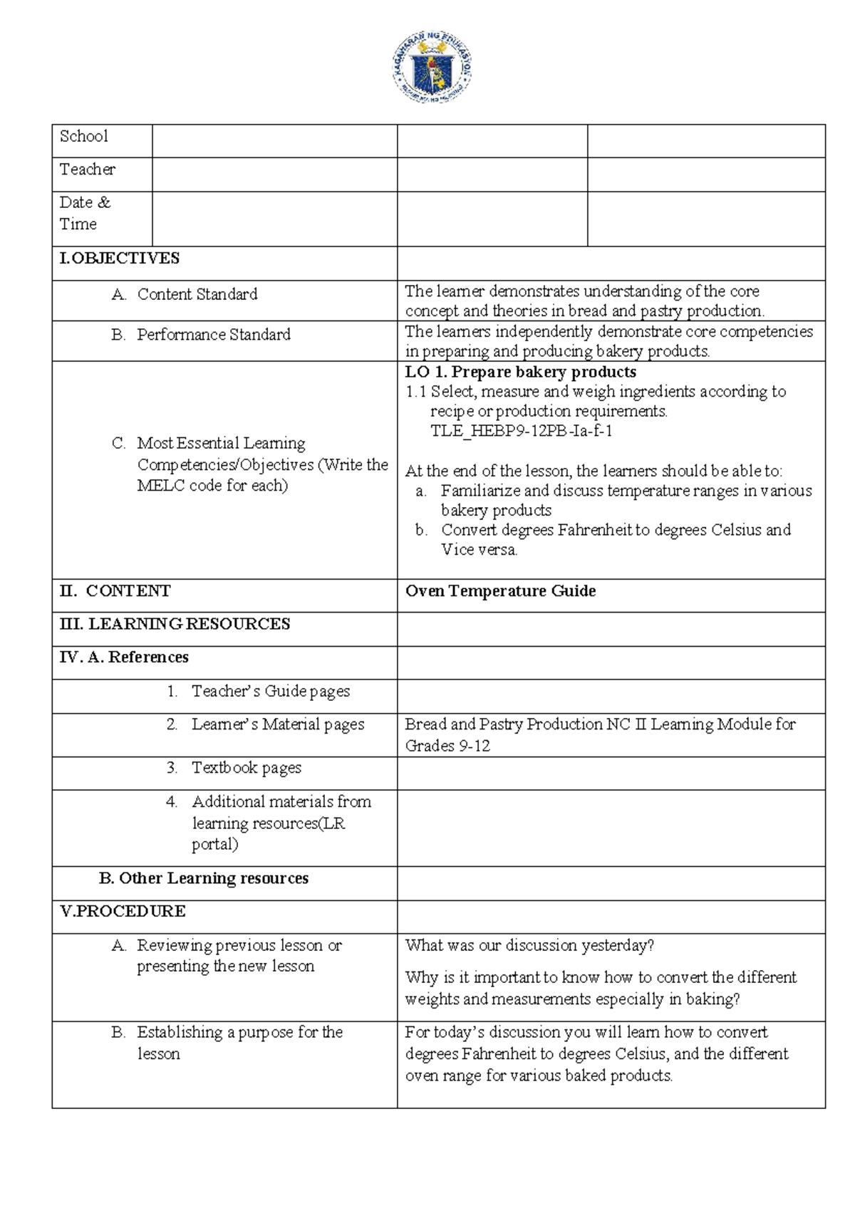 Detailed Lesson Plan for Bread and Pastry Production BPP Q1 L9 - Studocu