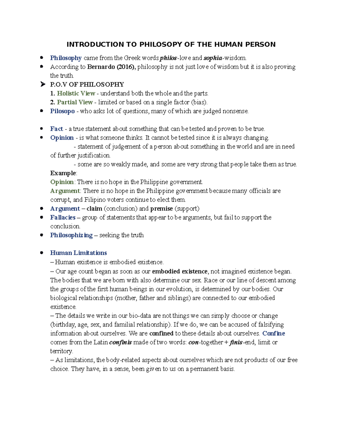 Midterm Reviewer for Philosophy of the Human Person Concepts - Studocu