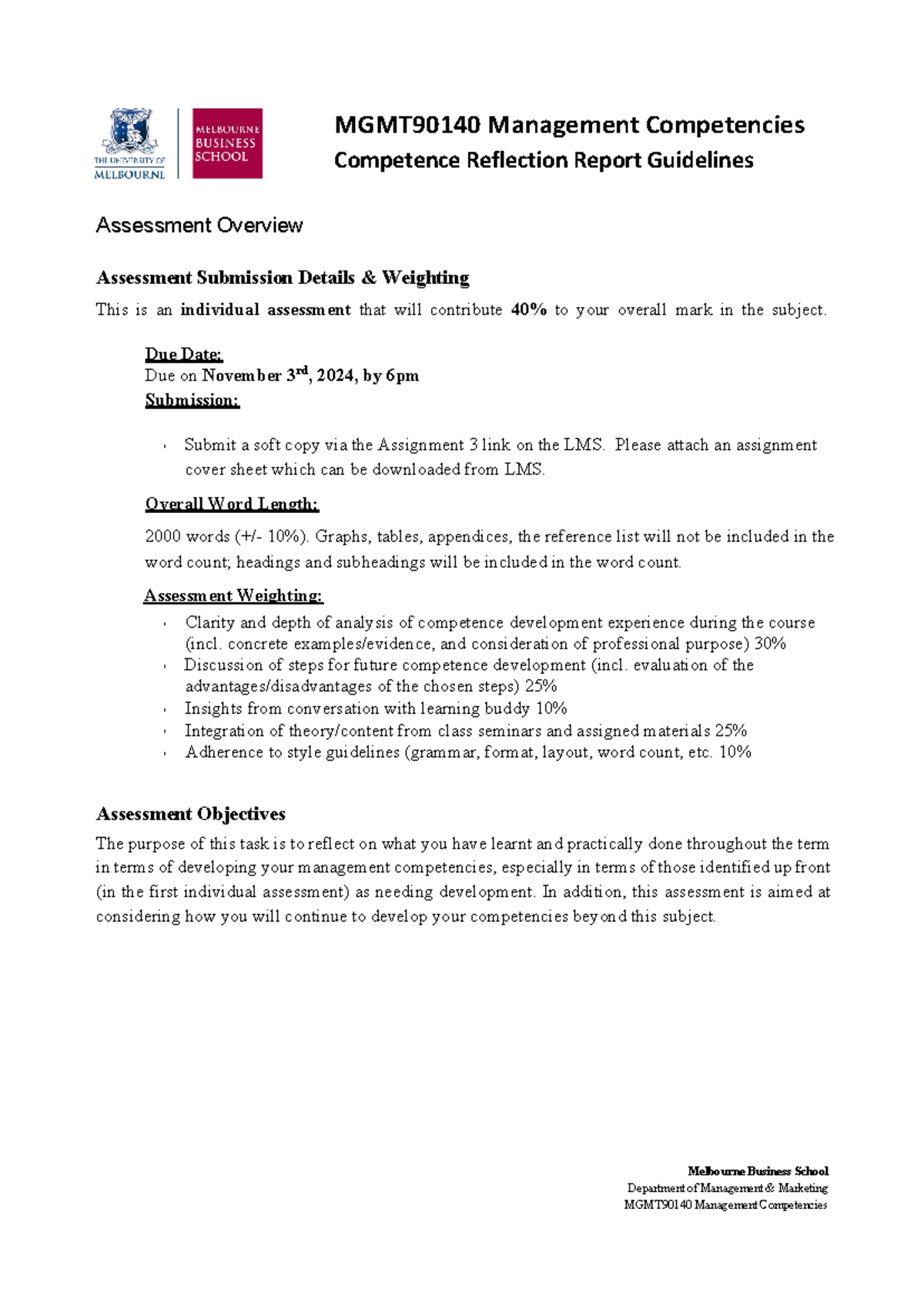 MGMT90140 Individual Assignment 3-1: Competence Reflection Report ...