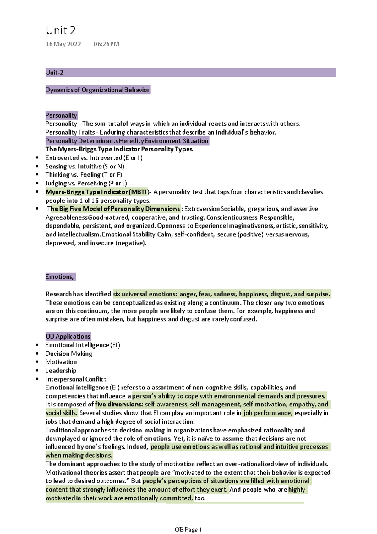 Unit 2 OB end sem - Organizational Behaviour - Unit- 2 Dynamics of ...