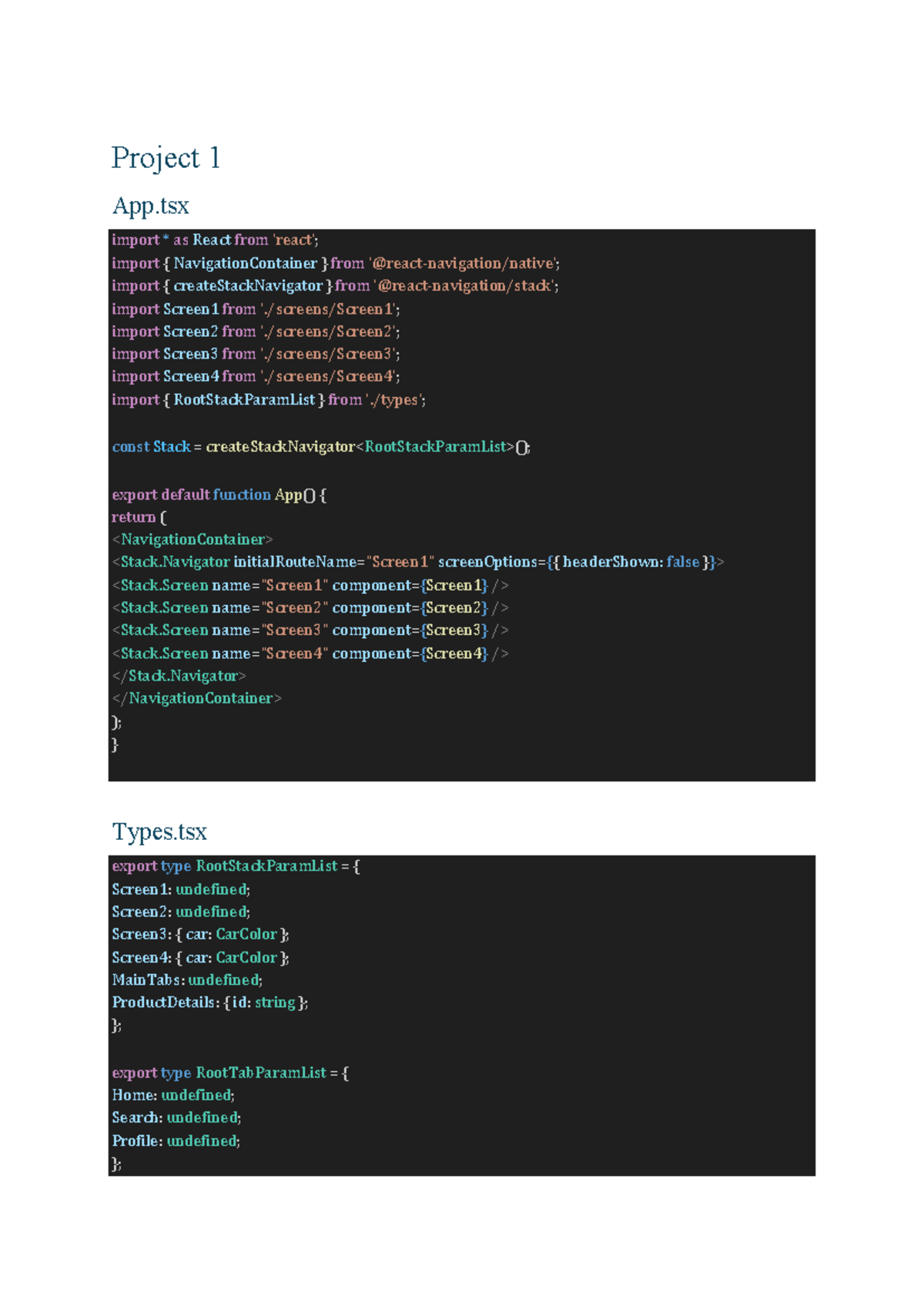 Code for Stack Navigation, Tab, and Drawer in React Native (Project 1 ...