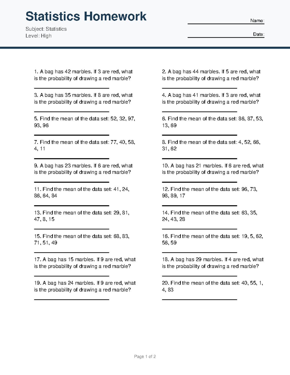 Statistics Homework 9: Probability & Mean Calculations - Studocu