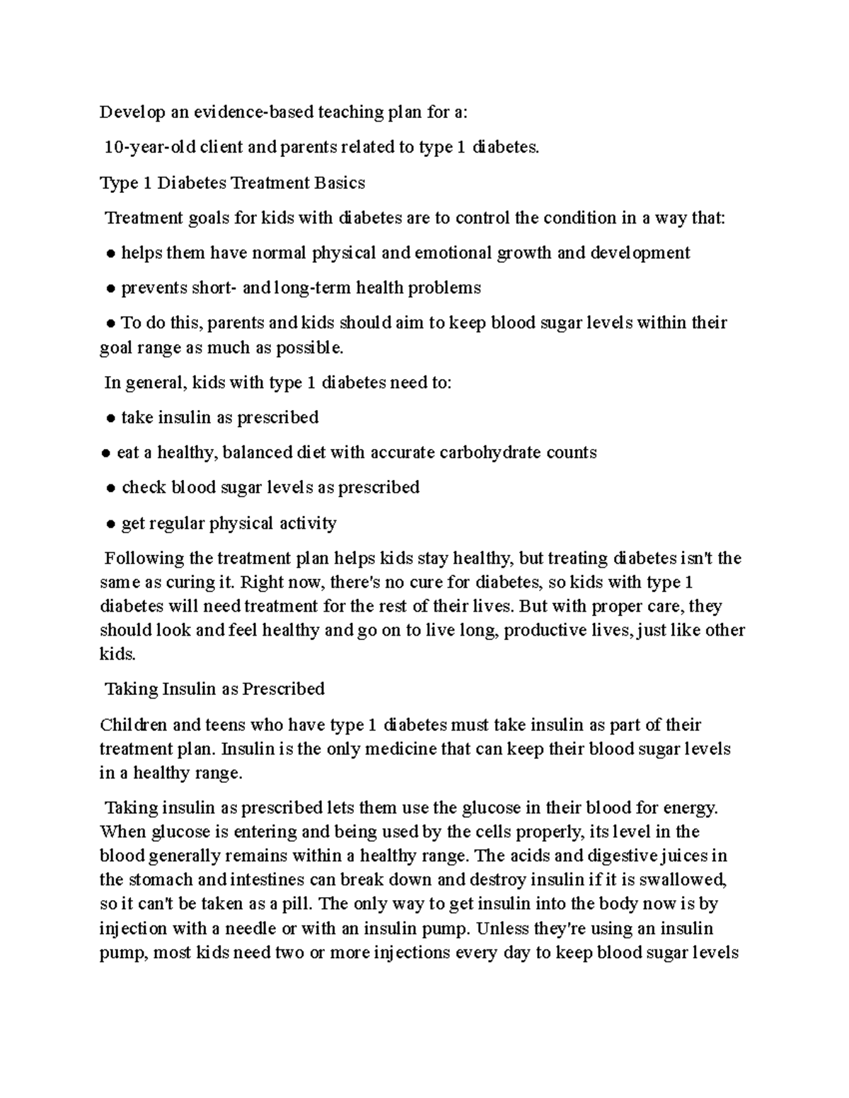 Type 1 Diabetes Mellitus: Evidence-Based Teaching Plan for Kids - Studocu