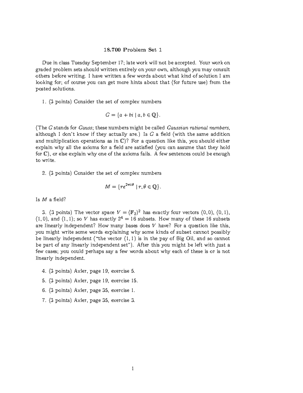 18.700 Linear Algebra Problem Set 1 Instructions and Questions - Studocu