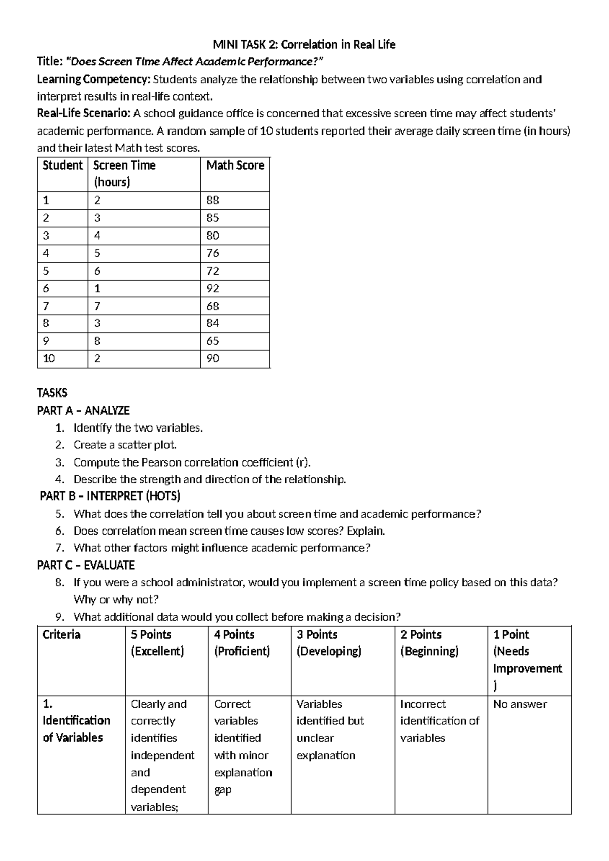 MINI TASK 2: Correlation Between Screen Time & Academic Performance ...