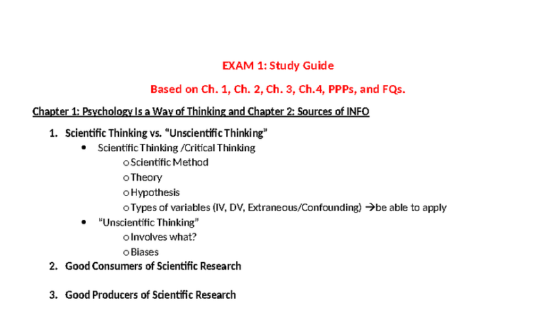 Psychology 101: Exam 1 Study Guide - Ch. 1-4 Key Concepts - Studocu