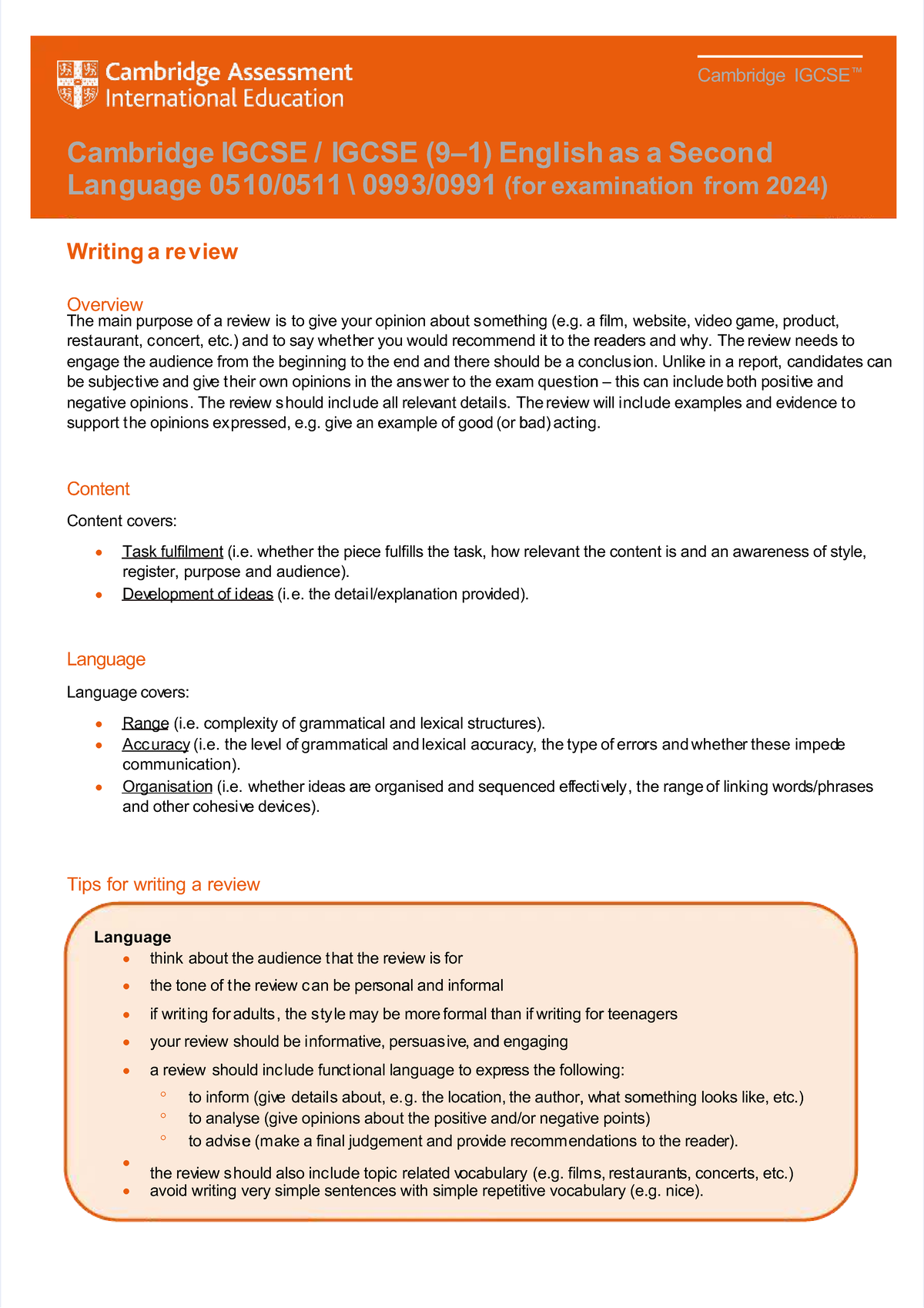 0511 - Writing a Review Guide: Sample Marking & Tips for 2024 - Studocu